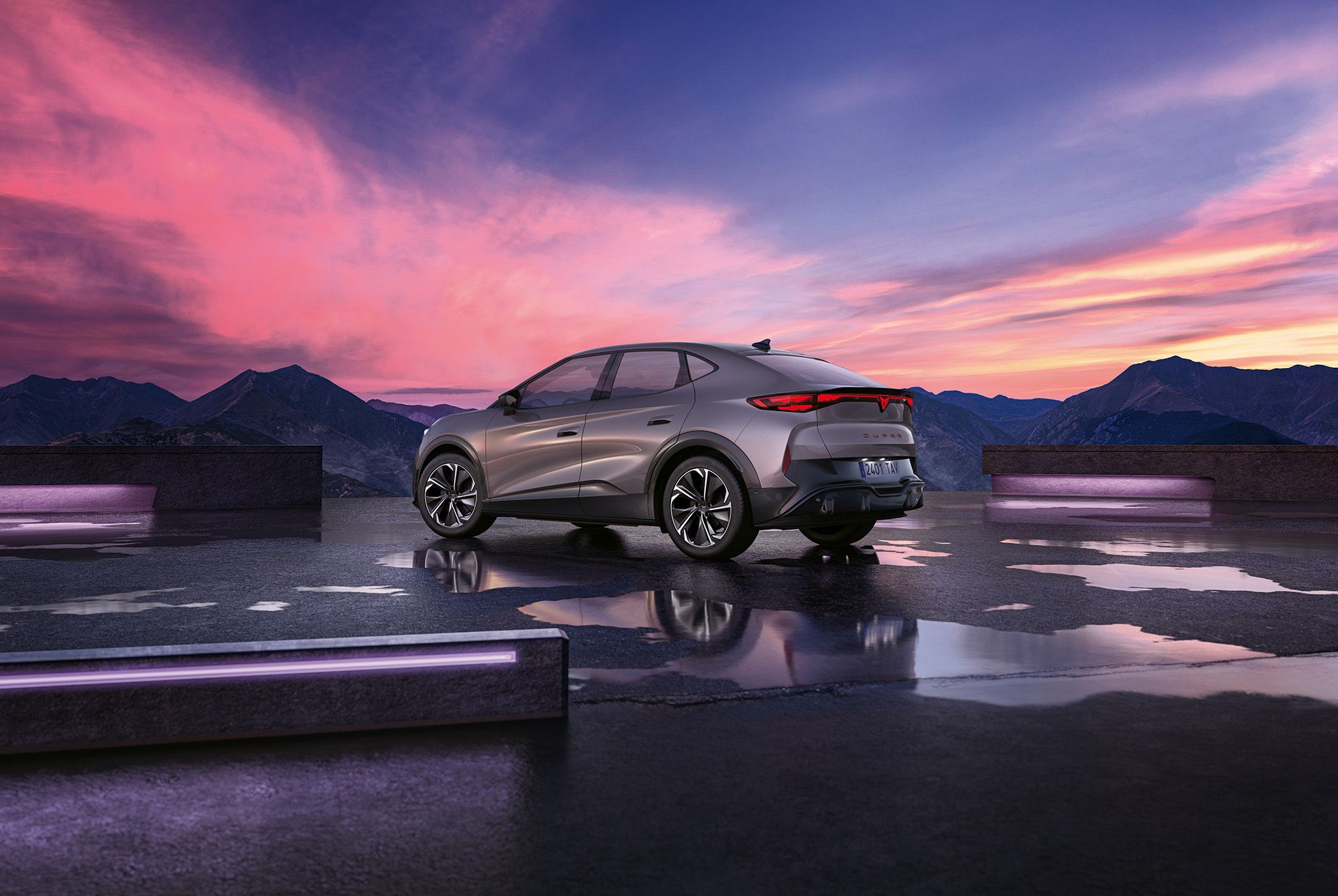 cupra tavascan suv model showcased with picturesque sunset