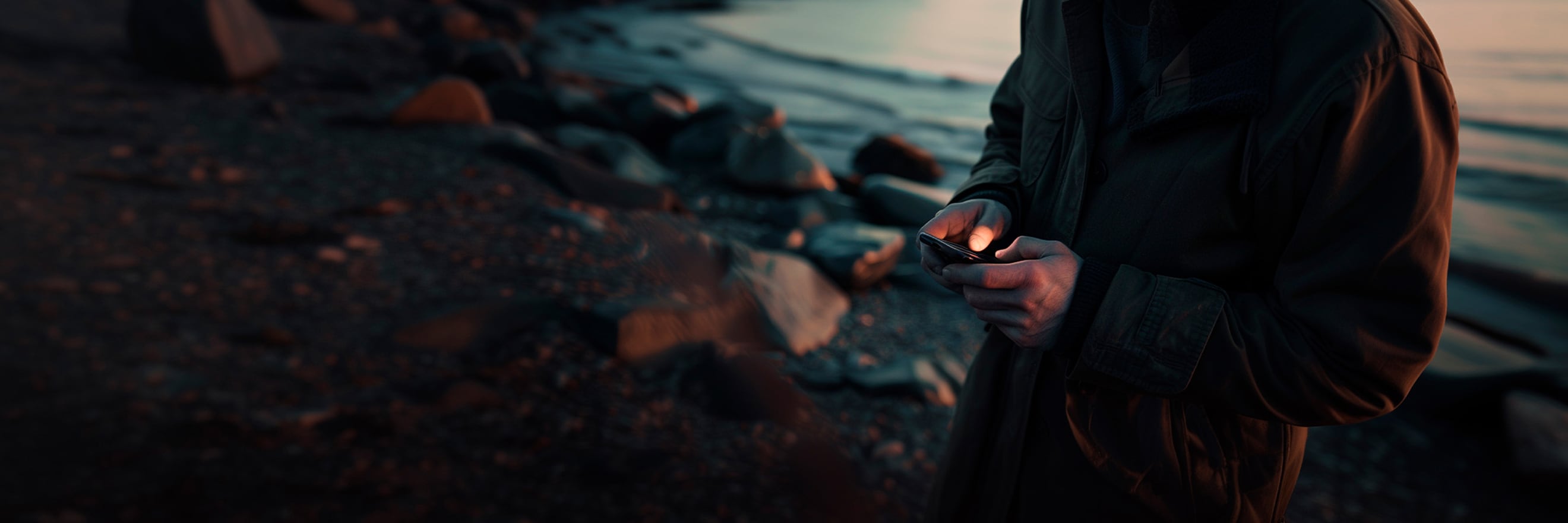 customer standing on a rocky coastal beach using their mobile phone to book a test drive for the cupra terramar