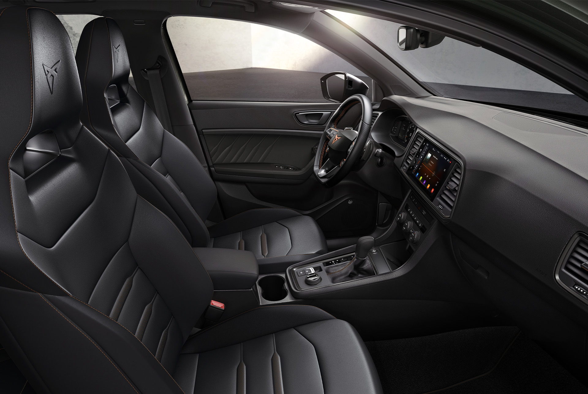 Interior view of the CUPRA Ateca with genuine Black Leather sporty Bucket seats, offering a polished and sophisticated look to enhance your driving experience.