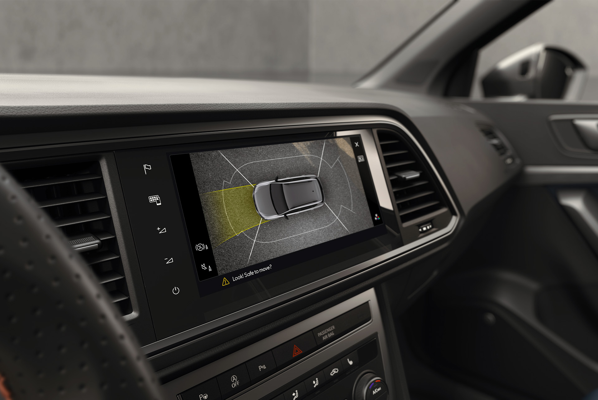 Top View camera system in the CUPRA Ateca displaying a bird's-eye view to assist with parking in tight spots.