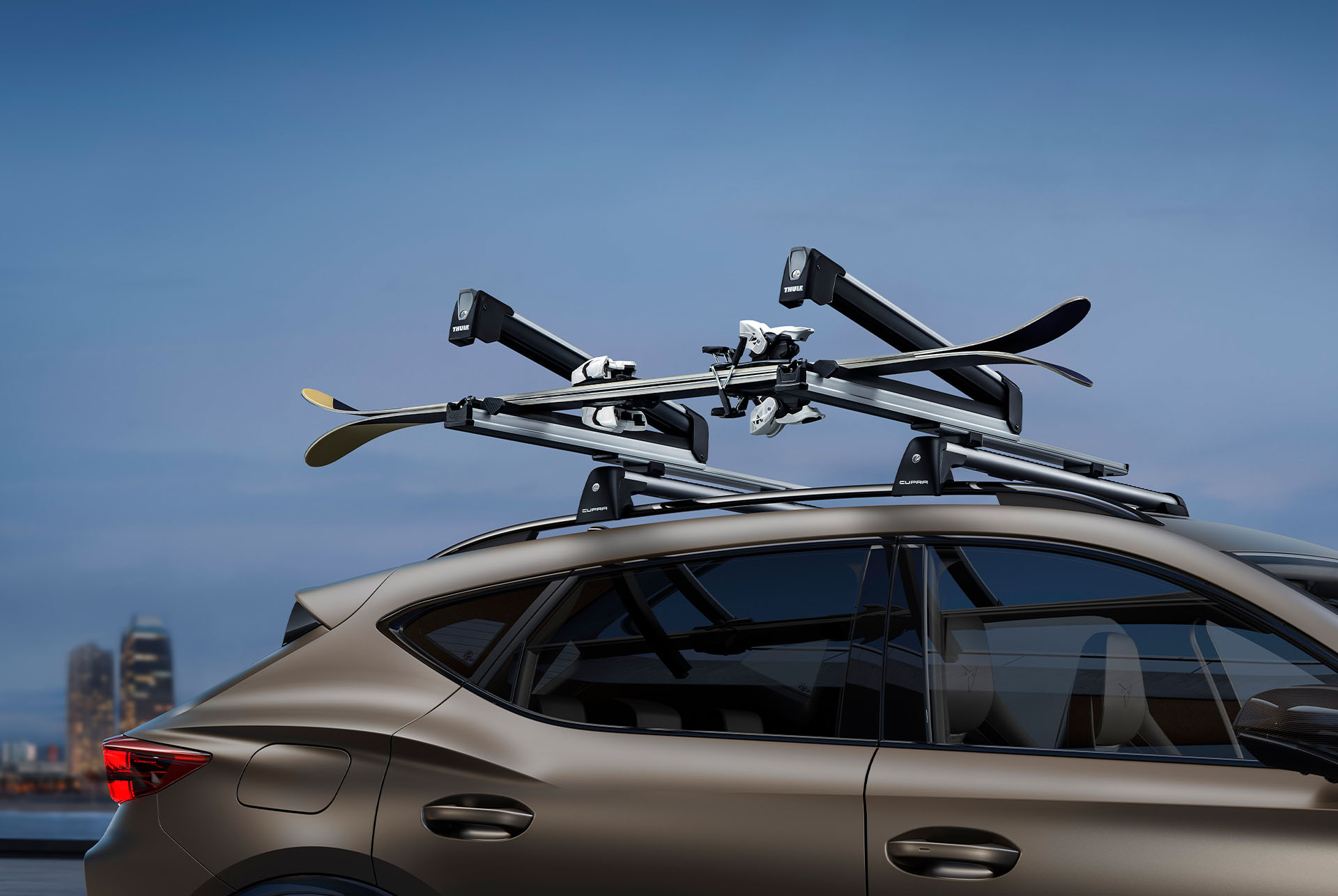 New CUPRA Formentor in century bronze with thule ski rack extender.