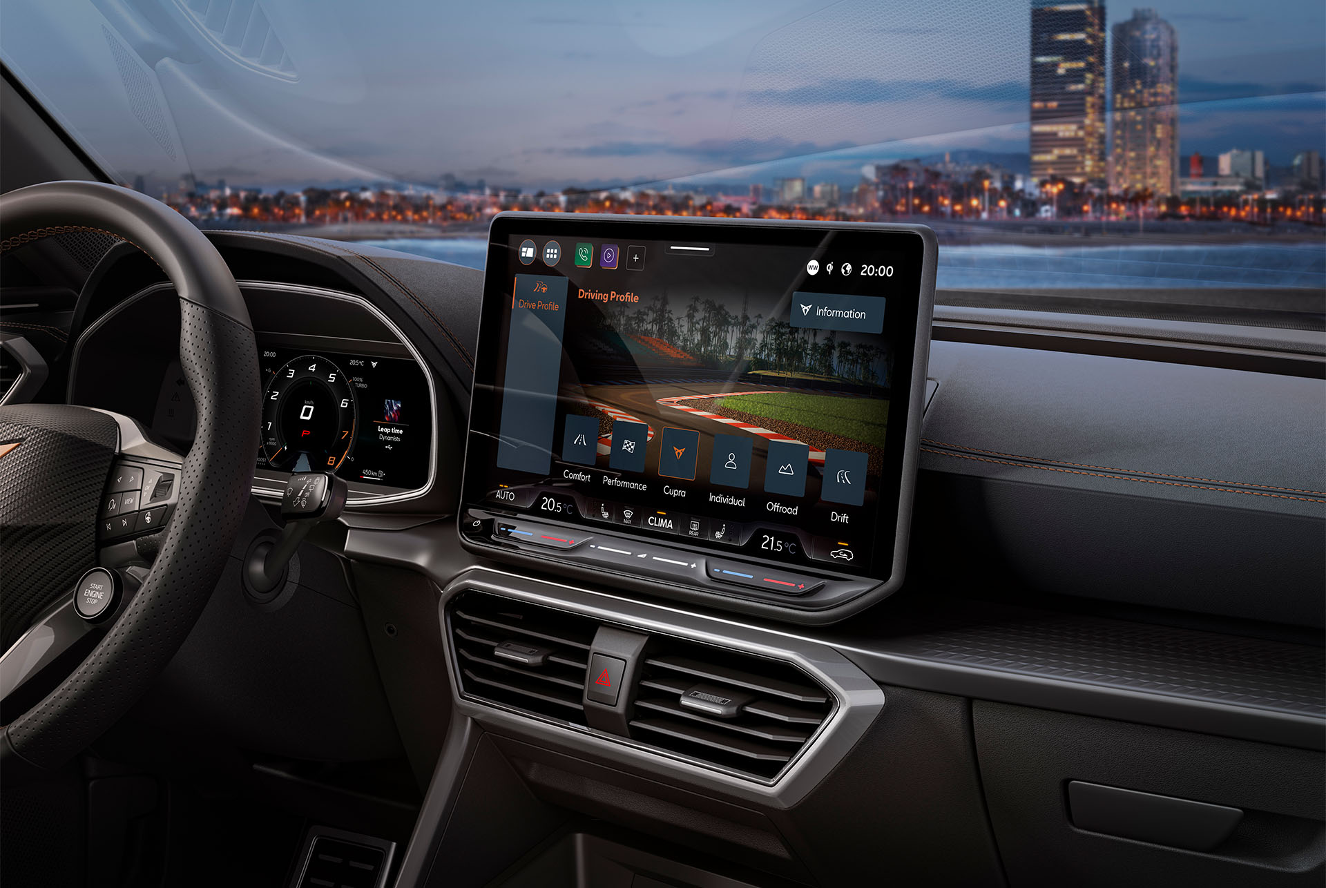 Dashboard view of new CUPRA Formentor and skyline.