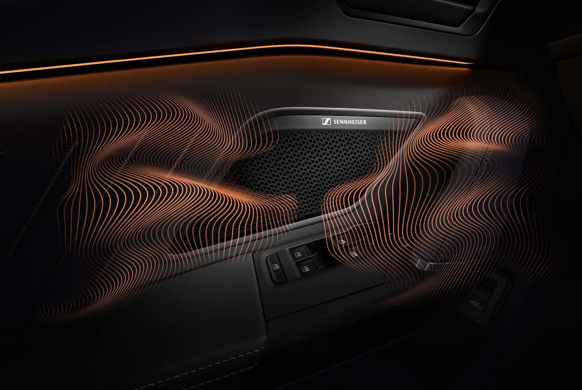 New CUPRA Formentor interior design, Sennheiser™ speakers, sound waves and ambient lighting.