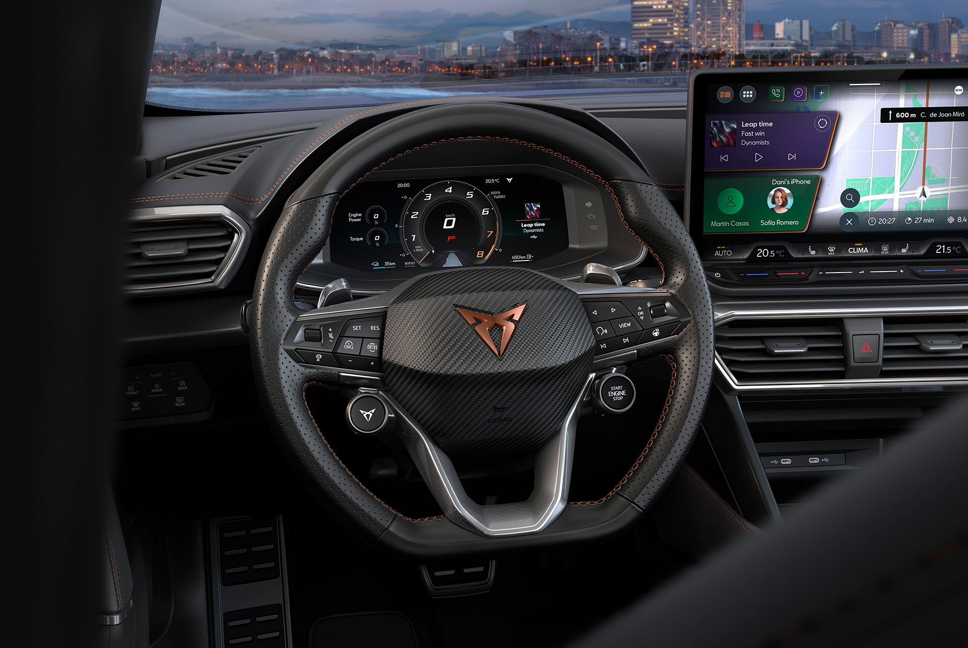 Close up of the new CUPRA Formentor dynamic display, copper logo, adaptive cruise control, pre crash and lane keeping system. Includes intelligent park assist, drowsiness assist, side assist, speed limiter and a top view camera. 