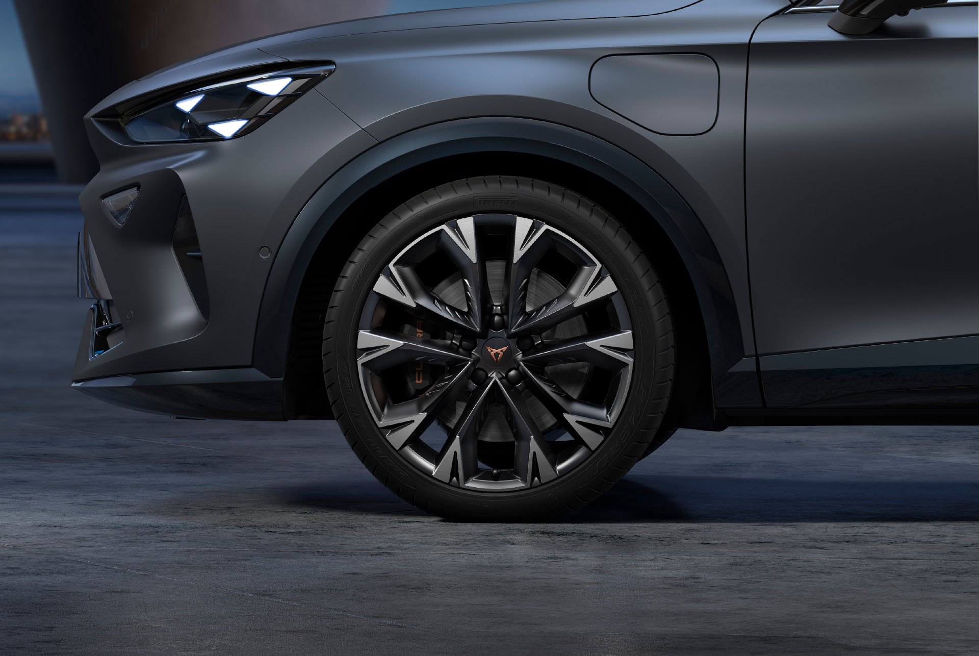 New artic silver and black CUPRA Formentor  alloy car wheels, and tyres with logo in the middle, LED headlights.