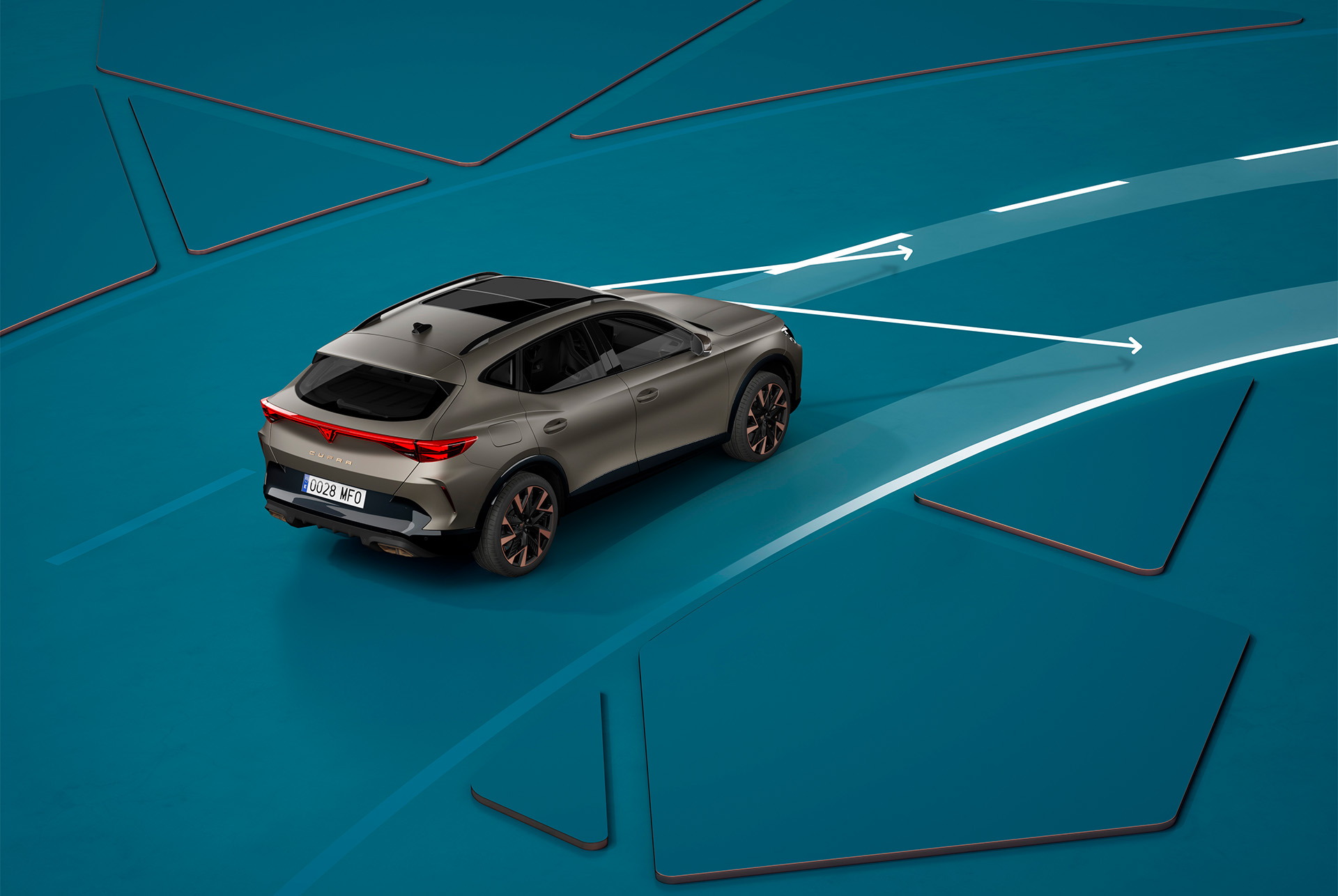 New CUPRA Formentor lane assist plus demo, blue background visual demonstration.