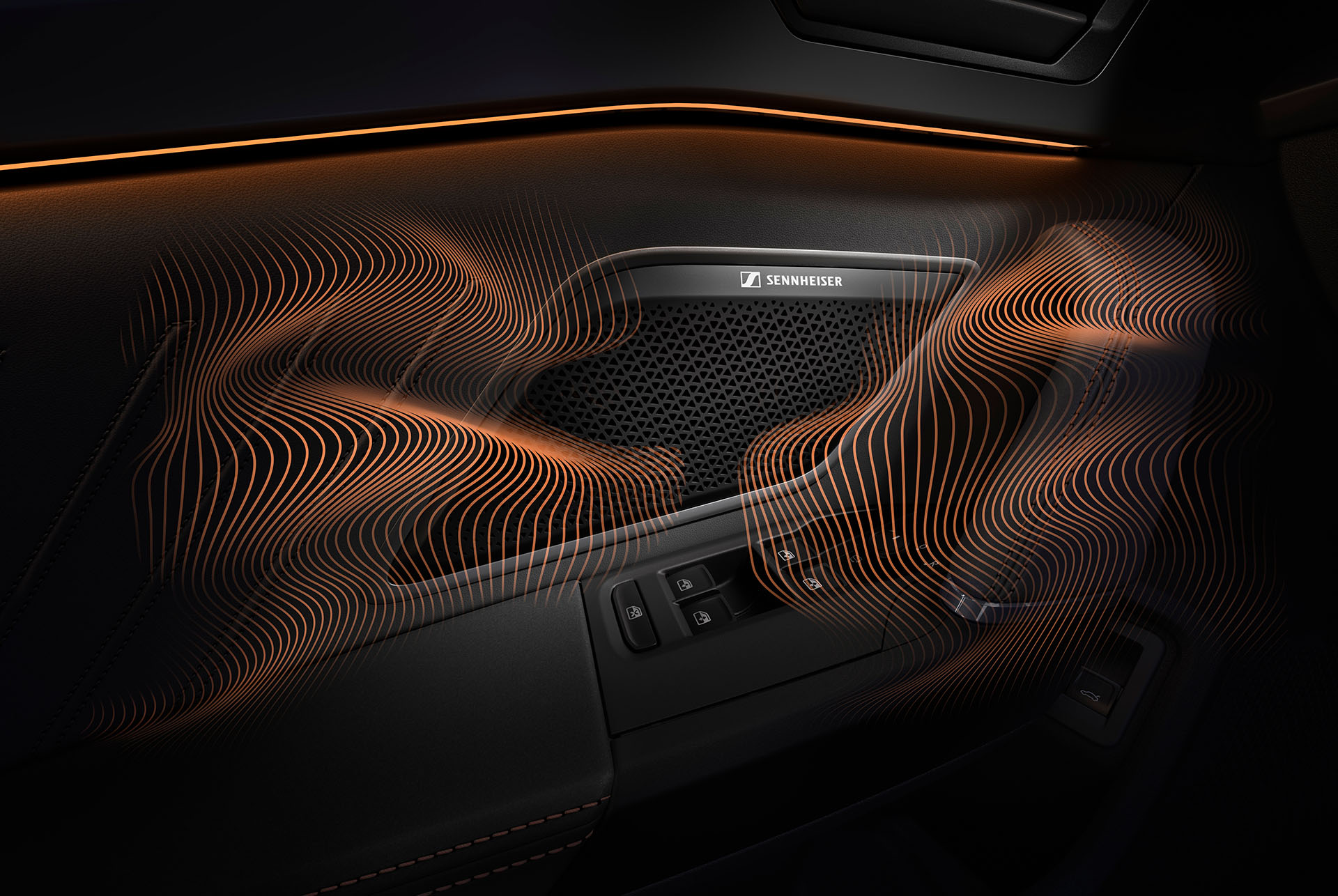 New CUPRA Formentor  immersive by Sennheiser™ equipment upgrade technology. Close up of Sennheiser™ speaker on CUPRA Formentor door panel, sound waves and ambient lighting.