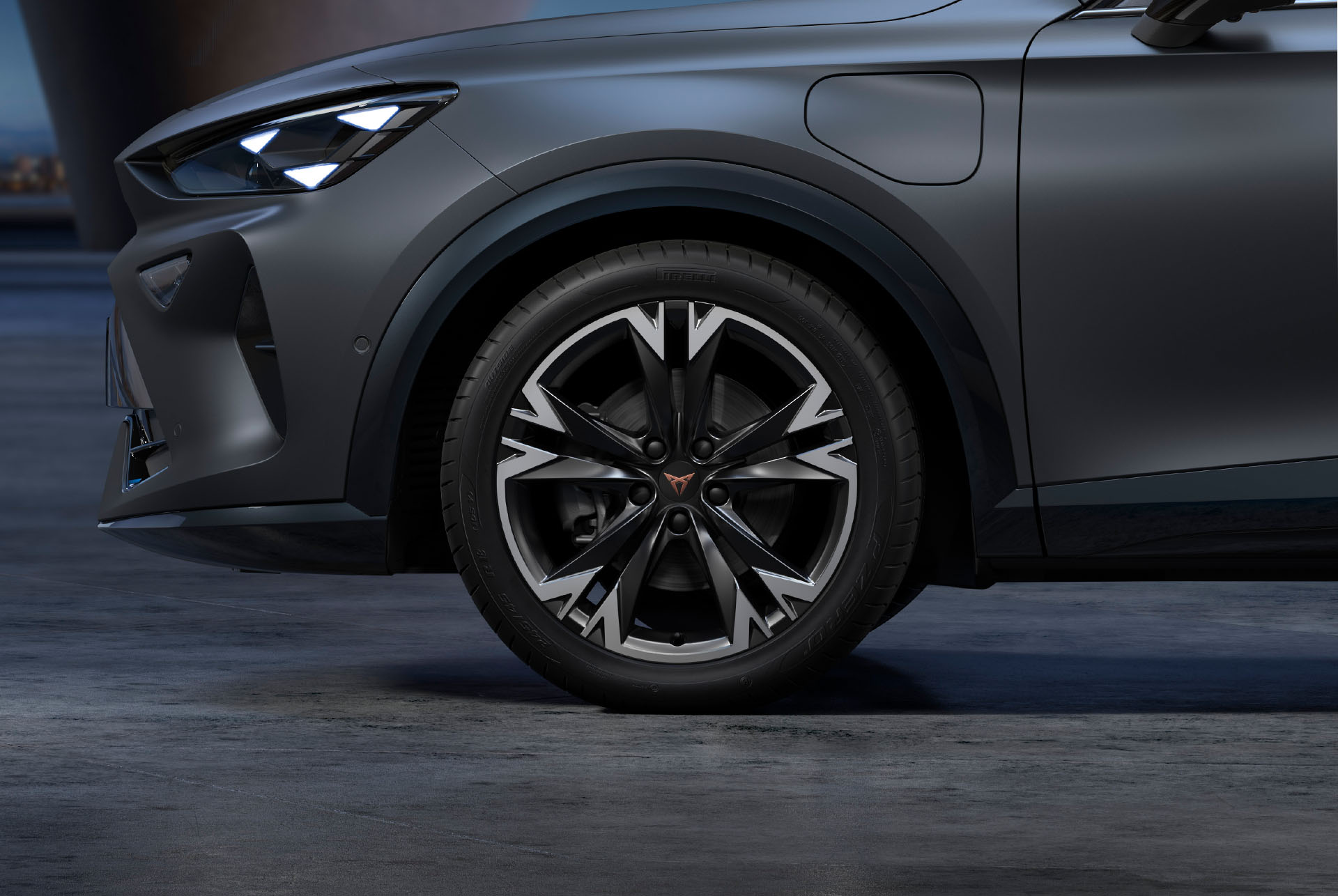 New sonora black and silver CUPRA Formentor car wheels, alloys and tyres with logo in the middle, LED headlights.