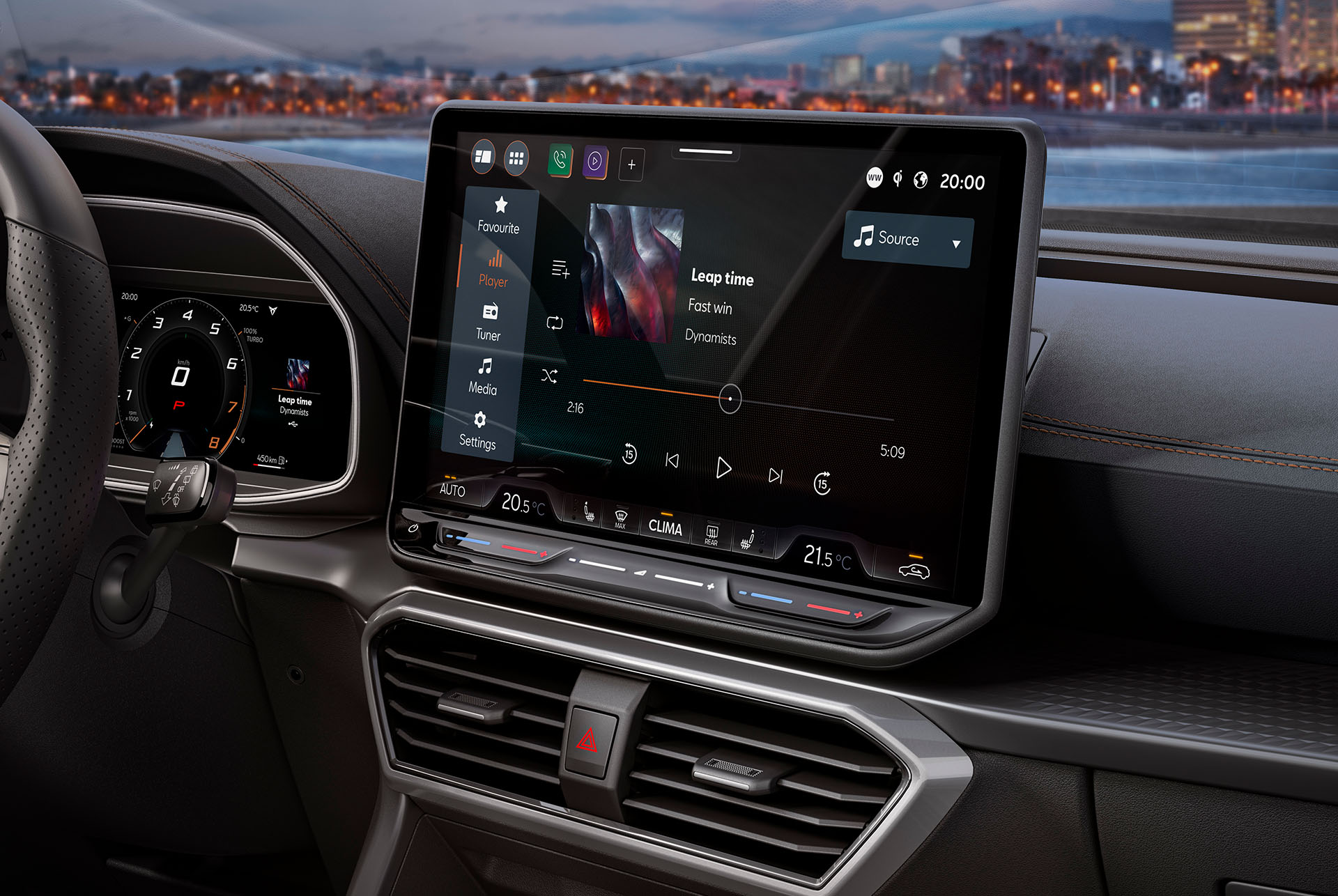 Interior view of a new CUPRA Formentor featuring a leather steering wheel, an infotainment system showing media and climate control settings and a dashboard with cityscape in the background at dusk.