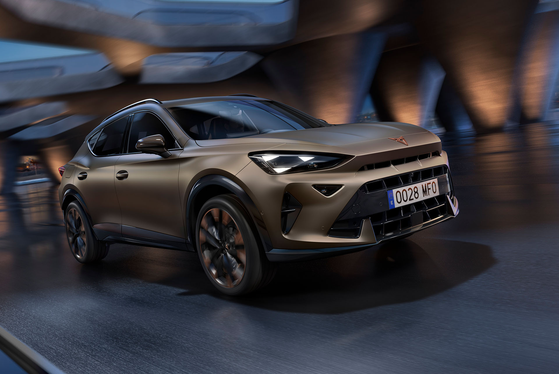 New CUPRA Formentor in century bronze matt, in motion with torque splitter. blurred skyline and architecture.