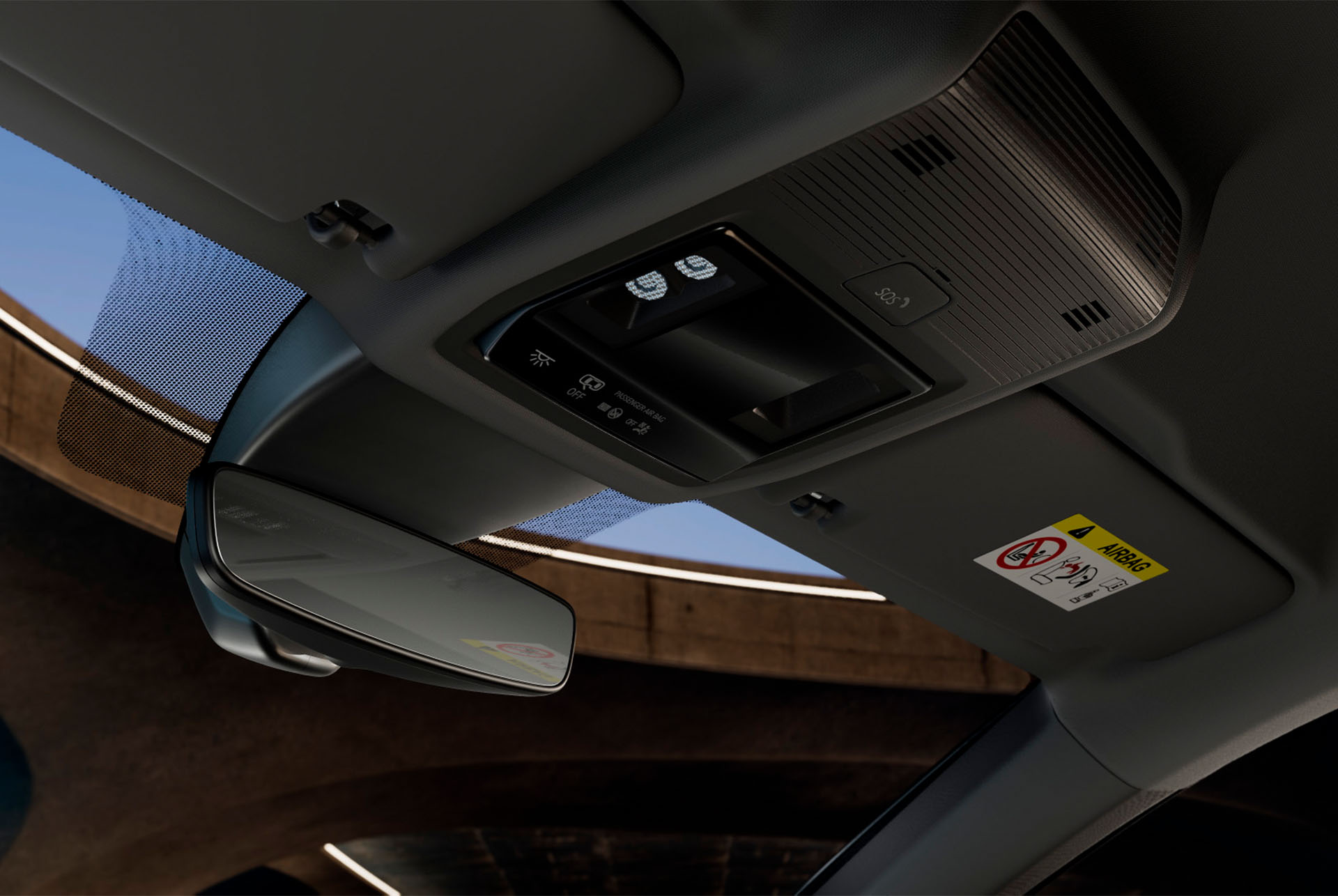 Interior view of a new CUPRA Formentor car showing the overhead console with a wing mirror, LED car cabin lights, various controls and CUPRA connectivity features, including an SOS emergency button.