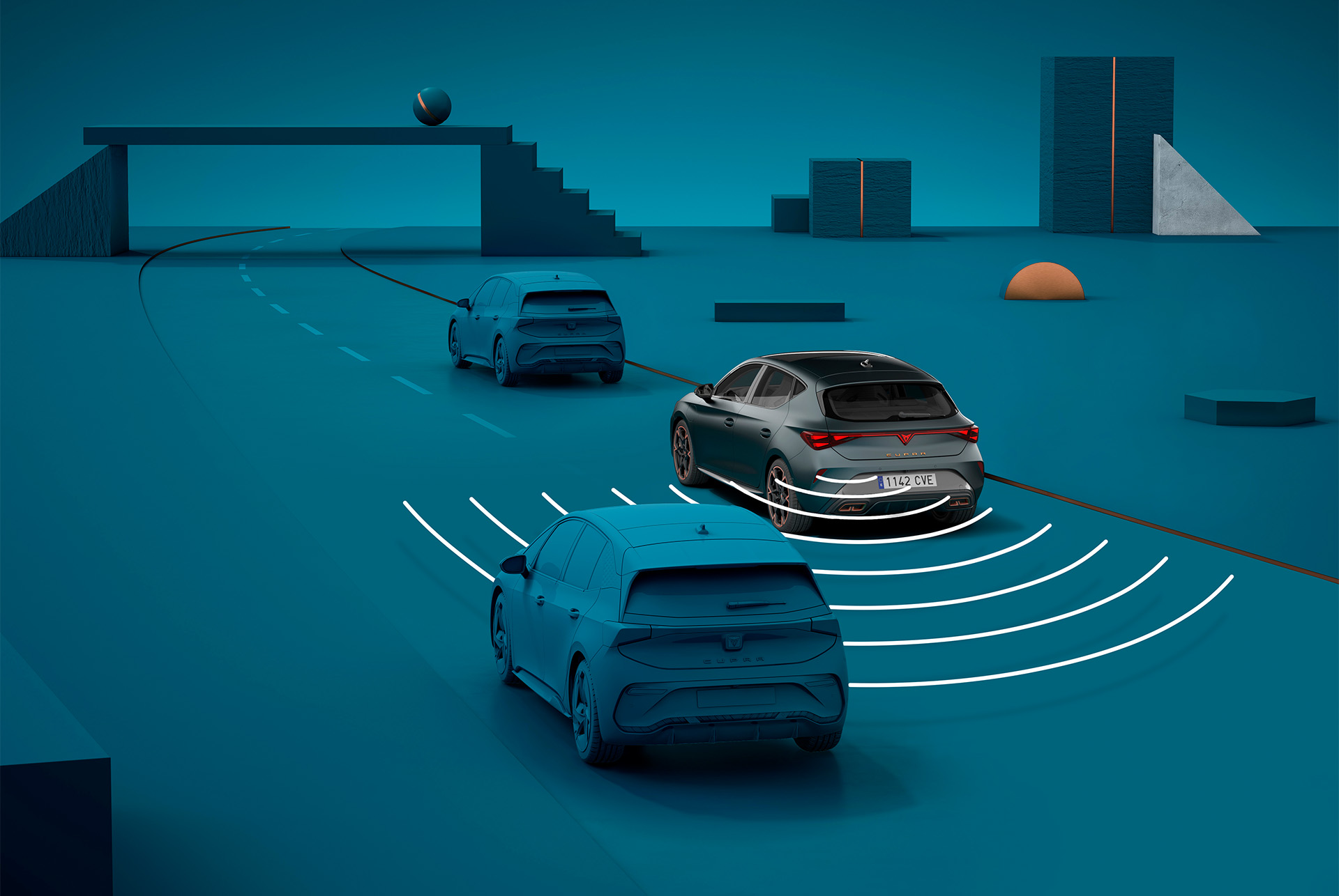 how to use new cupra leon sportstourer 2024 exit warning system, visual demo with shapes and blue background