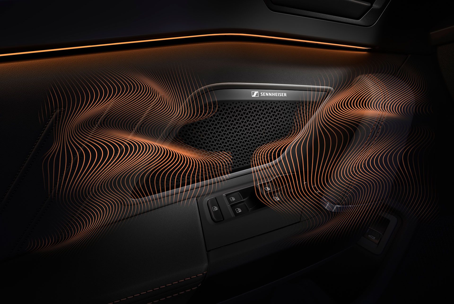 new cupra leon sportstourer 2024 immersive by sennheiser equipment upgrade technology. close up of sennheiser speaker on cupra leon sportstourer door panel, sound waves and ambient lighting.