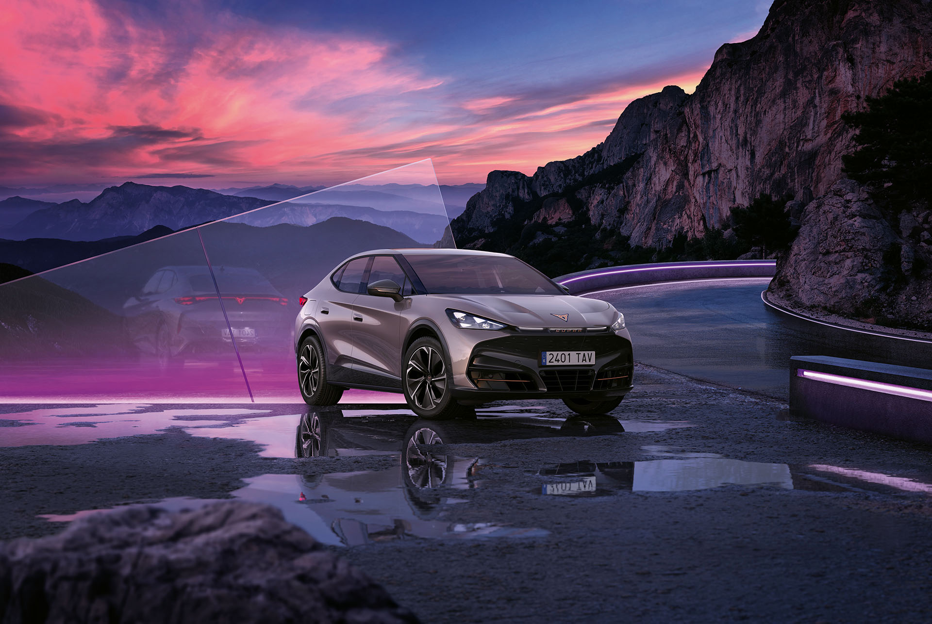 atacama desert 2024 cupra tavascan at sunset, mountains and glass panel