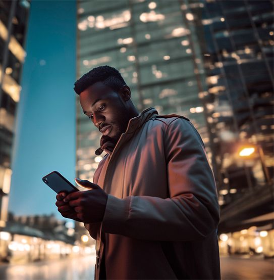 A man using his smartphone connected to his cupra formentor to respond to real time anti-theft alerts, standing in a brightly lit urban area at night. 