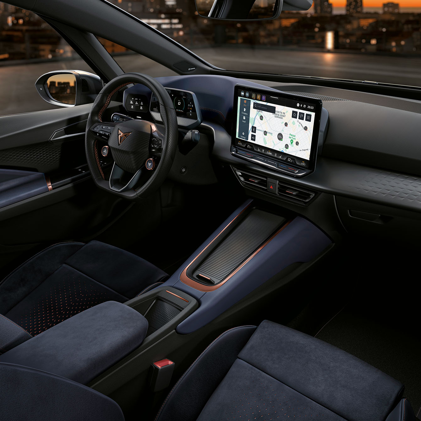 interior view of a cupra vehicle showing the infotainment system with the ev chrging map on the screen. The system helps cupra born and tavascan drivers locate charging stations, get real time updates and read customer reviews