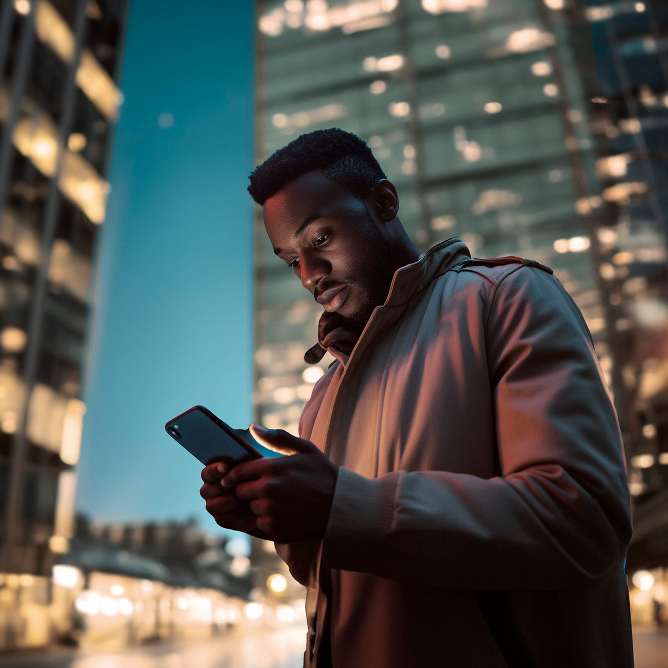 a man standing in an illuminated city at dusk, using his smartphone to download the my cupra app which provides access to the cupra charging map for locating ev charging stations