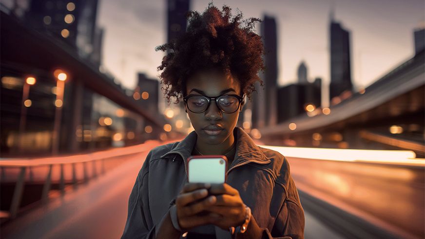 Woman managing remote vehicle features of the cupra leon on via the my cupra app on her smartphone, set against a vibrant urban nightscape